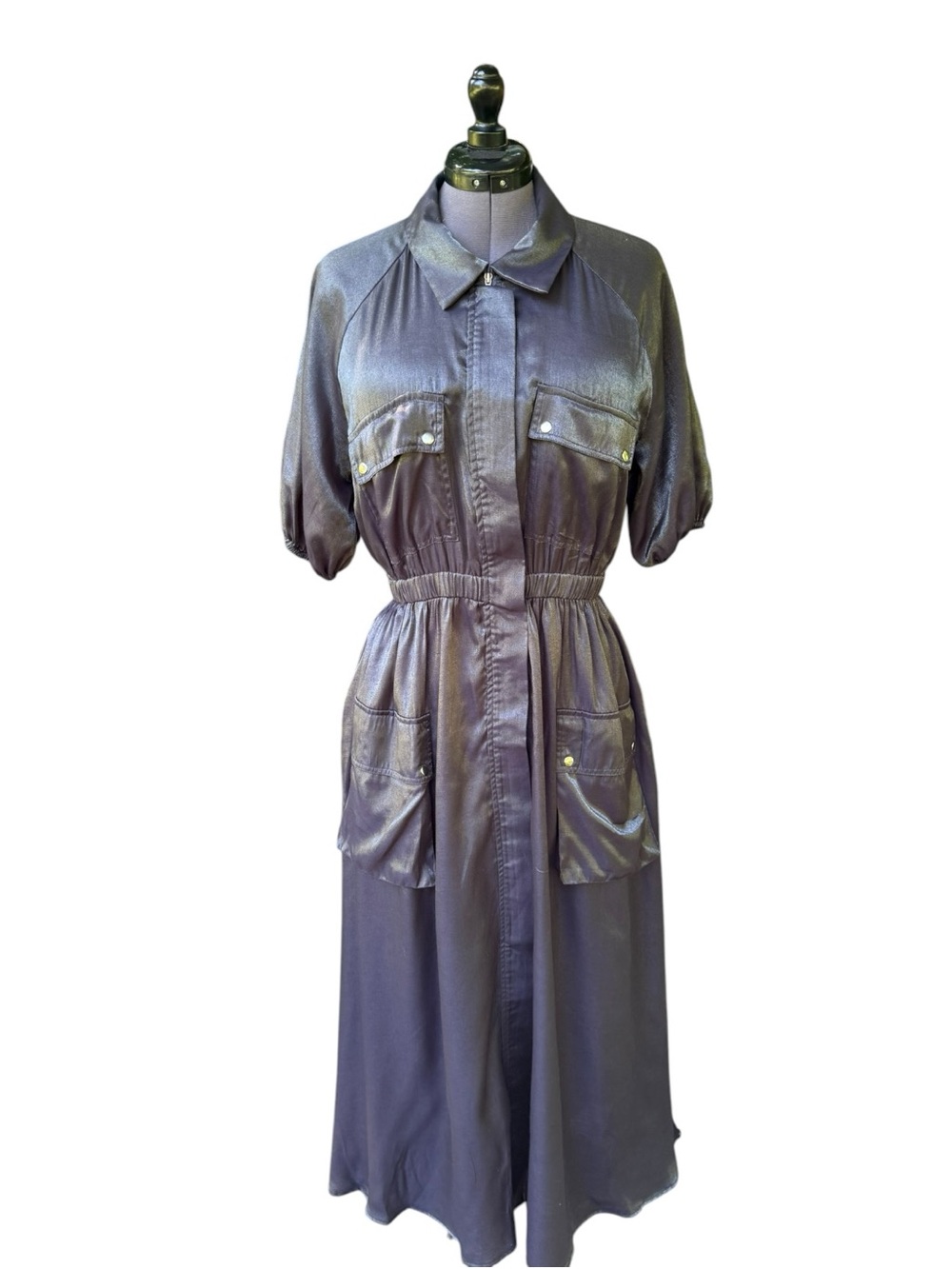 Samant Chauhan Metallic Gunmetal Utility Maxi Puff Sleeves Dress M